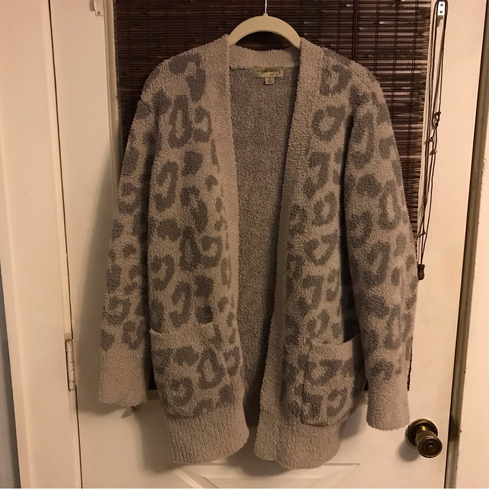 Barefoot Dreams Cozy Chic Leopard Cardigan Sweater Linen Warm Gray M